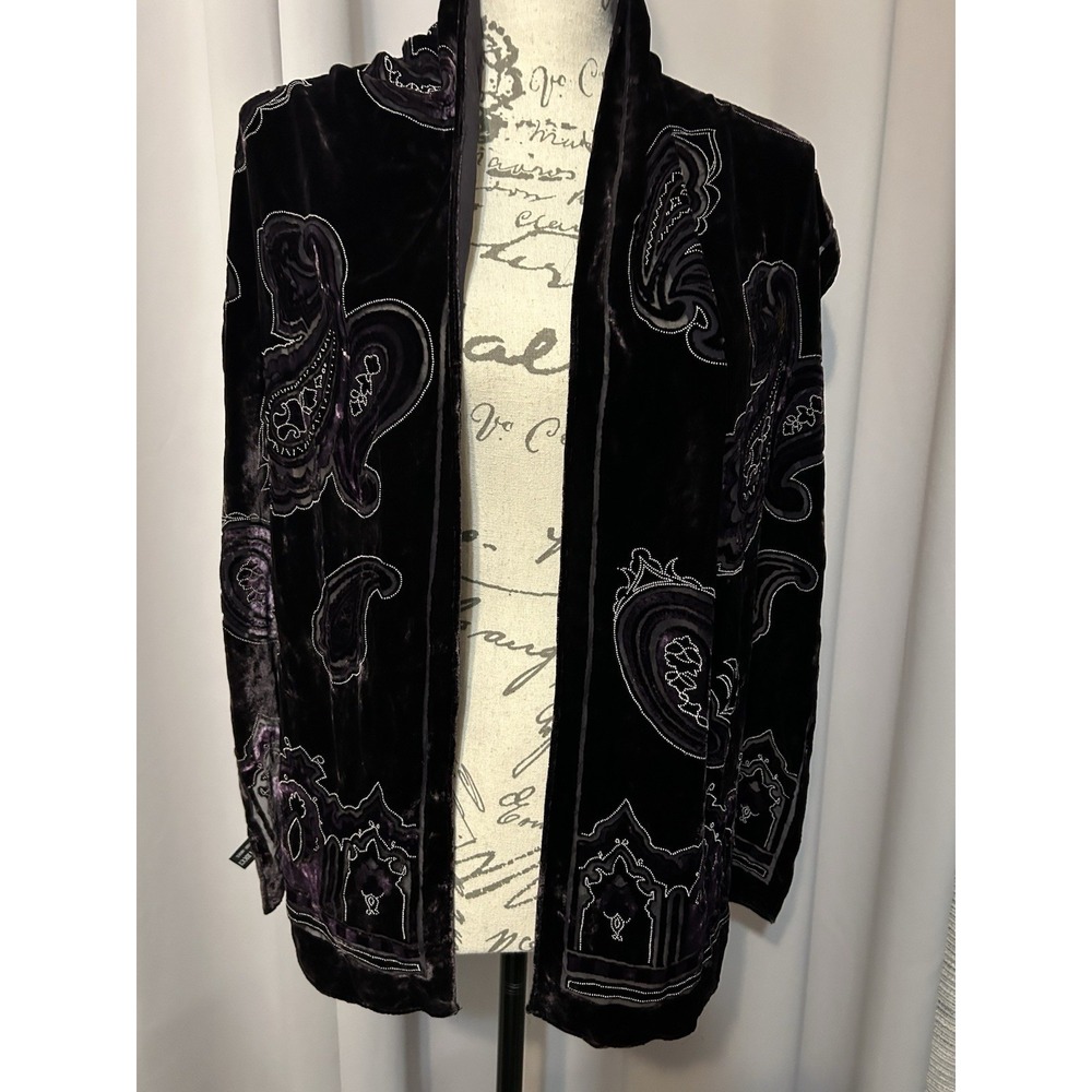 Nina Ricci Silk Purple Velvet Paisley Embellished Shawl Scarf Beaded Burnout - Picture 3 of 6